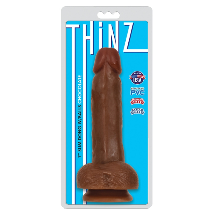 THINZ 7IN SLIM DONG WITH BALLS - CHOCOLATE THINZ 7IN SLIM DONG WITH BALLS - CHOCOLATE