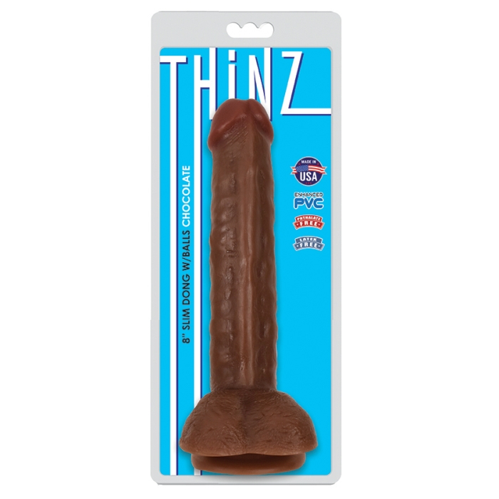 THINZ 8IN SLIM DONG WITH BALLS - CHOCOLATE THINZ 8IN SLIM DONG WITH BALLS - CHOCOLATE