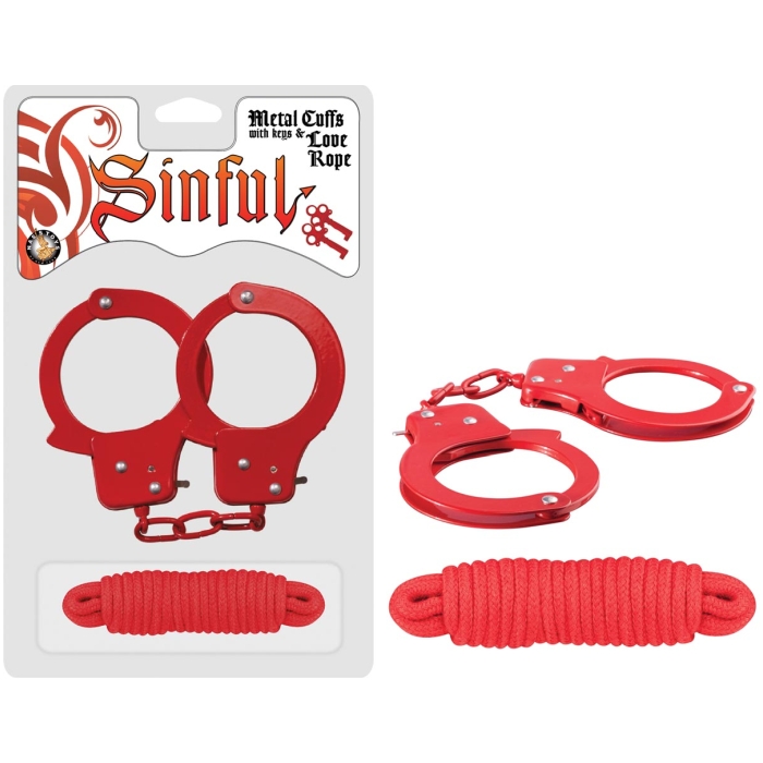 SINFUL METAL CUFFS WITH KEYS & LOVE ROPE - RED SINFUL METAL CUFFS WITH KEYS & LOVE ROPE - RED