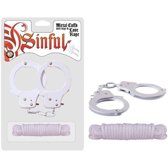 SINFUL METAL CUFFS WITH KEYS & LOVE ROPE - WHITE SINFUL METAL CUFFS WITH KEYS & LOVE ROPE - WHITE