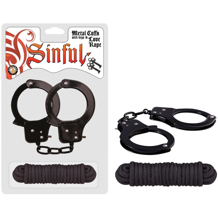 SINFUL METAL CUFFS WITH KEYS & LOVE ROPE - BLACK SINFUL METAL CUFFS WITH KEYS & LOVE ROPE - BLACK