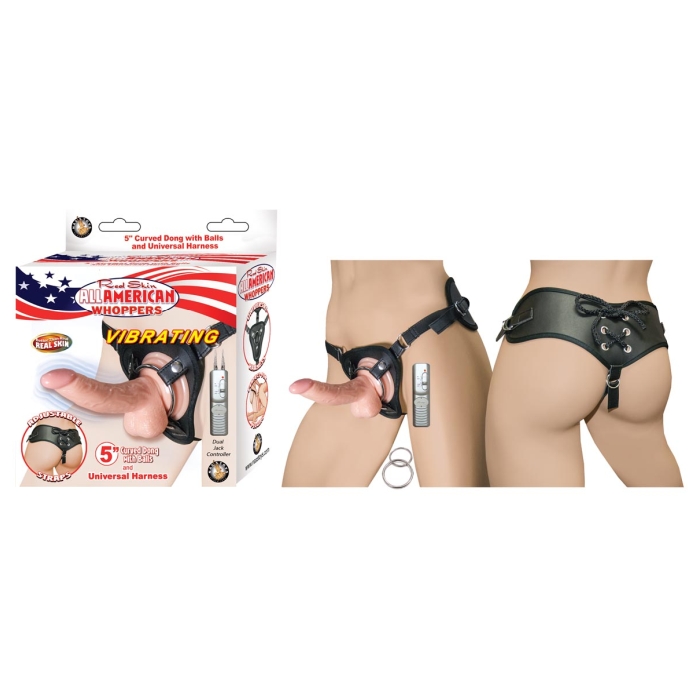 ALL AMERICAN WHOPPERS VIBRATING 5IN CURVED DONG W/BALLS & UNIVER ALL AMERICAN WHOPPERS VIBRATING 5IN CURVED DONG W/BALLS & UNIVER