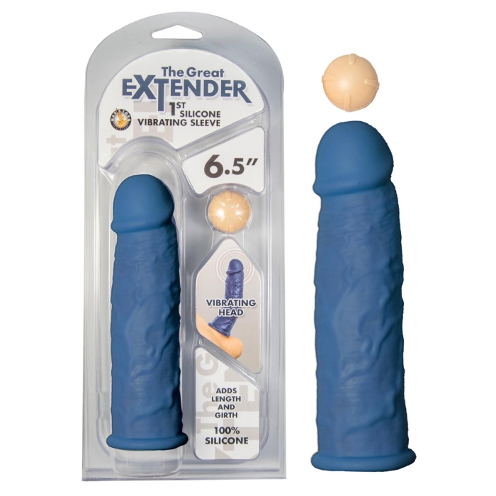 THE GREAT EXTENDER 1ST SILICONE VIBRATING SLEEVE 6.5"-BLUE THE GREAT EXTENDER 1ST SILICONE VIBRATING SLEEVE 6.5"-BLUE
