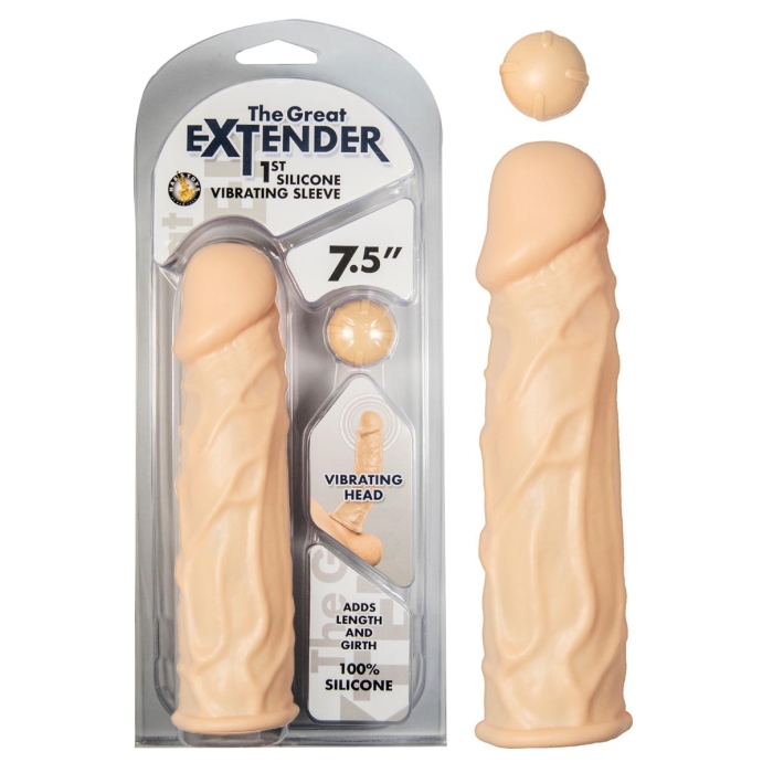 THE GREAT EXTENDER 1ST SILICONE VIBRATING SLEEVE 7.5"-WHITE THE GREAT EXTENDER 1ST SILICONE VIBRATING SLEEVE 7.5"-WHITE
