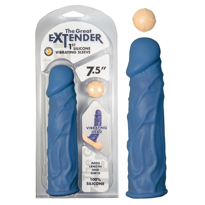 THE GREAT EXTENDER 1ST SILICONE VIBRATING SLEEVE 7.5"-BLUE THE GREAT EXTENDER 1ST SILICONE VIBRATING SLEEVE 7.5"-BLUE