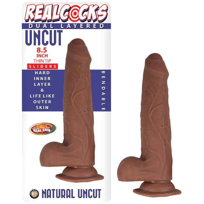 REALCOCKS DUAL LAYERED UNCUT SLIDERS 8.5" THIN TIP -BROWN REALCOCKS DUAL LAYERED UNCUT SLIDERS 8.5" THIN TIP -BROWN