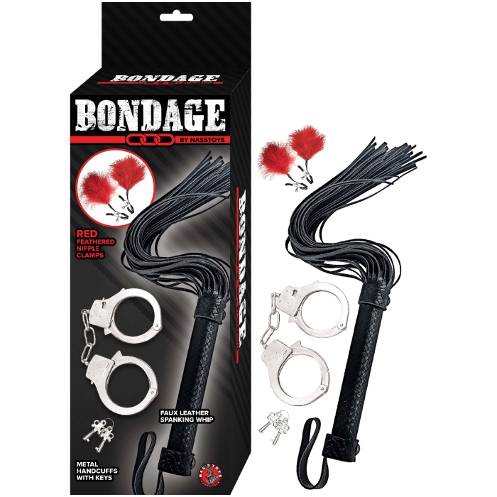 BONDAGE BY NASSTOYS WHIP, FEATHER & CUFFS-RED BONDAGE BY NASSTOYS WHIP, FEATHER & CUFFS-RED
