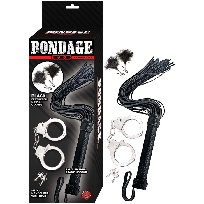 BONDAGE BY NASSTOYS WHIP, FEATHER & CUFFS-BLACK BONDAGE BY NASSTOYS WHIP, FEATHER & CUFFS-BLACK