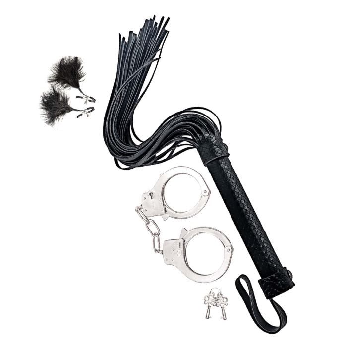 BONDAGE BY NASSTOYS WHIP, FEATHER & CUFFS-BLACK