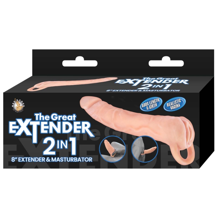THE GREAT EXTENDER 2 IN 1 8" EXTENDER & MASTURBATOR-WHITE THE GREAT EXTENDER 2 IN 1 8" EXTENDER & MASTURBATOR-WHITE