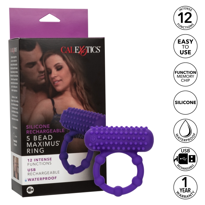 SILICONE RECHARGEABLE 5 BEAD MAXIMUS RING - PURPLE