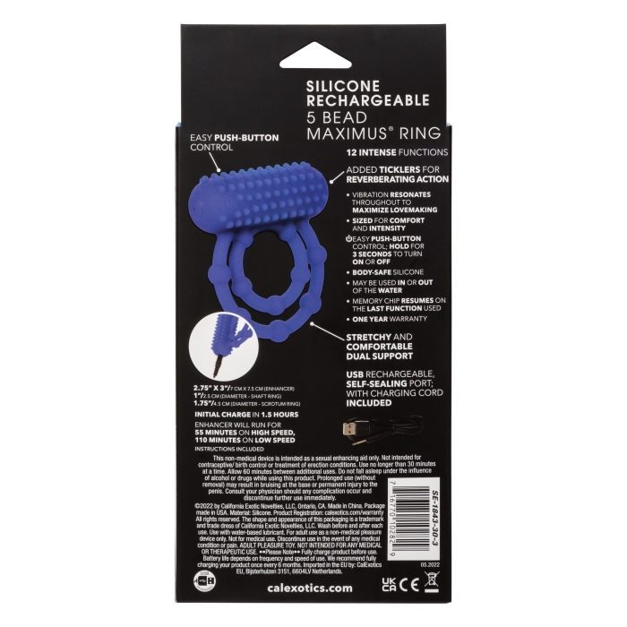 SILICONE RECHARGEABLE 10 BEAD MAXIMUS RING - BLUE