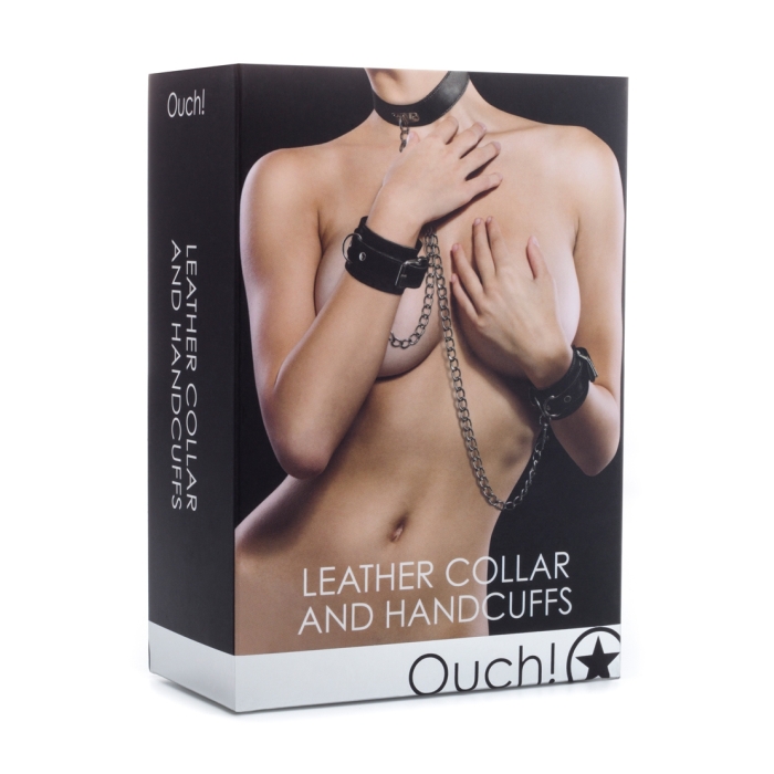 LEATHER COLLAR AND HANDCUFFS - BLACK LEATHER COLLAR AND HANDCUFFS - BLACK