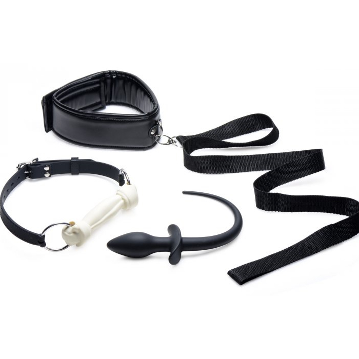 PUPPY PLAY SET BONE GAG, TAIL ANAL PLUG & COLLAR - BLACK